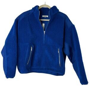 NEW Madewell Faux Shearling Half-Zip Pullover Women Medium Cobalt Blue